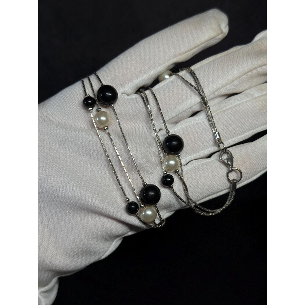 Black and Ivory Faux Pearl Silvertone Multistrand Necklace 18.5"